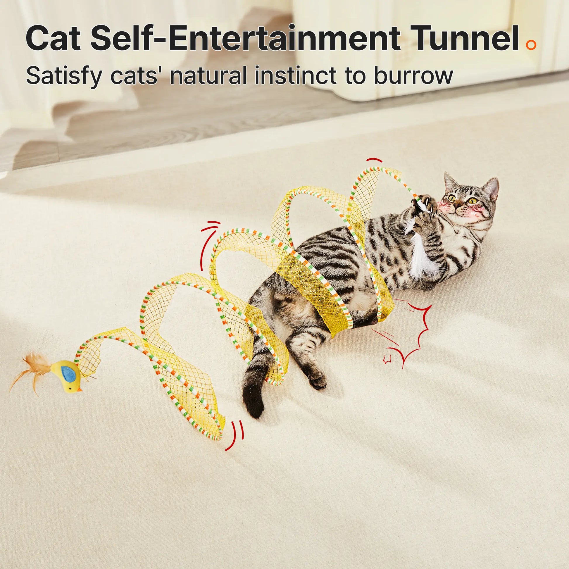 Unleash the Fun! 🐾 Potaroma Spiral Tunnel Cat Toy - Collapsible, Feathery & Jingly Playtime for Your Indoor Kitty! 🐱✨ 20 Inches of Adventure Awaits!